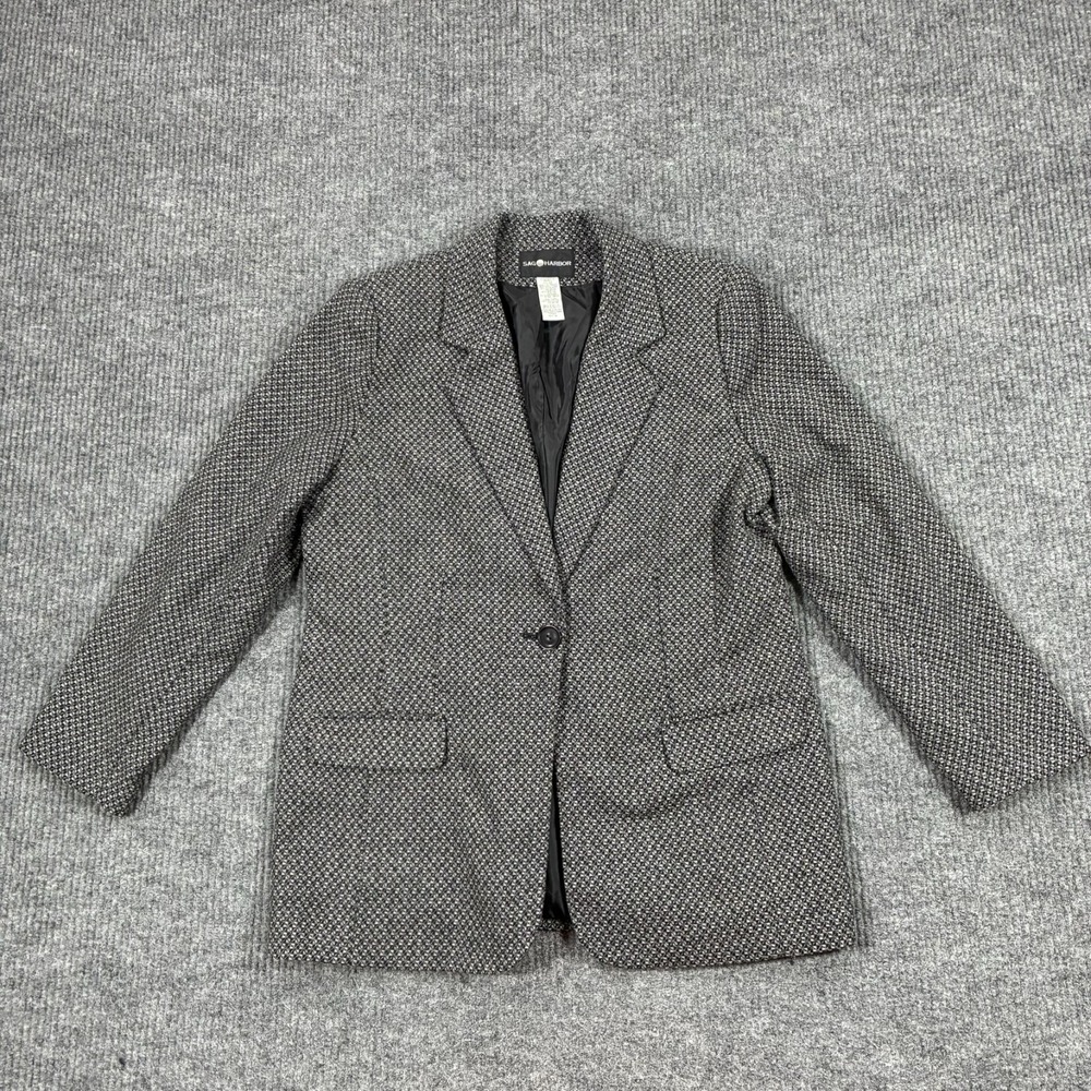 Vintage Sag Harbor Womens 12 Black White Wool Blend Tweed Blazer Jacket